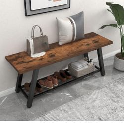 Storage Bench Industrial Rustic Wooden and Metal Entryway Shoe Boots Storage Rack Long Bench Seat for Hallway Bedroom Retro Brown Farmhouse Style
