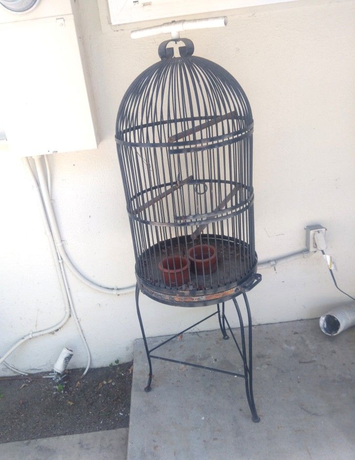 Large Self Standing Bird Cage 5 Foot Tall Antique Black Wrought Iron Metal