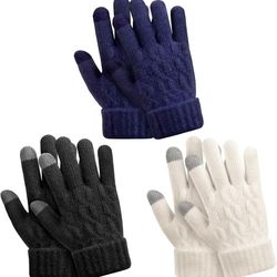Kids Gloves Winter Warm With Touchscreen Fingers 3 Pairs,Toddler Gloves Knitted with Fleece Lined for Cold Weather,Girls Gloves Boys Gloves Mittens fo