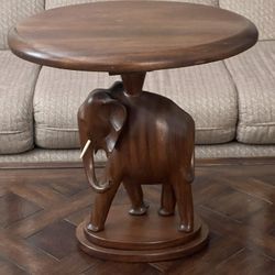 Vintage Hand-Carved Solid Wood Elephant Side Table/Plant Stand 