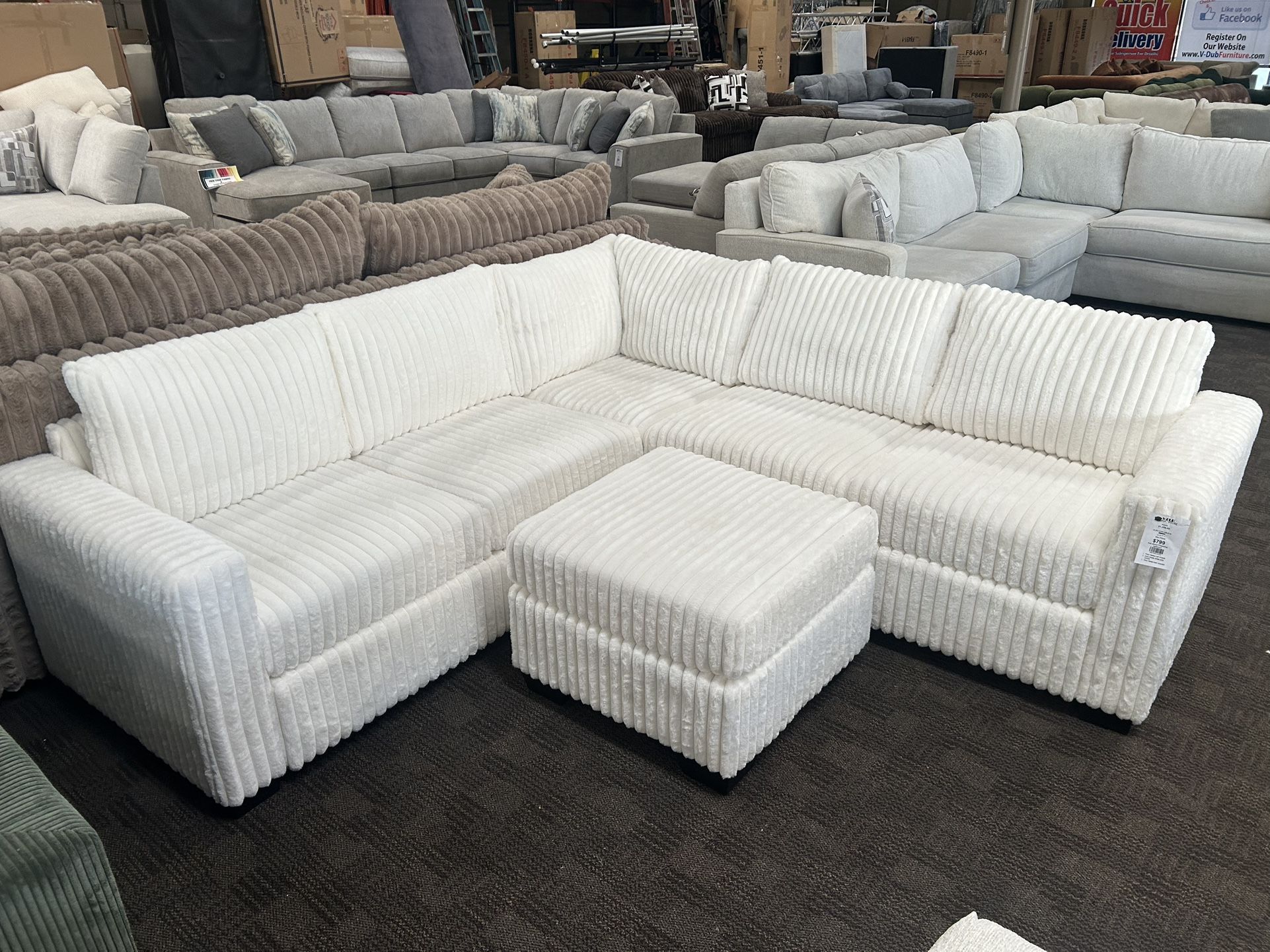 White Thick Comfy Corduroy Sectional And Ottoman