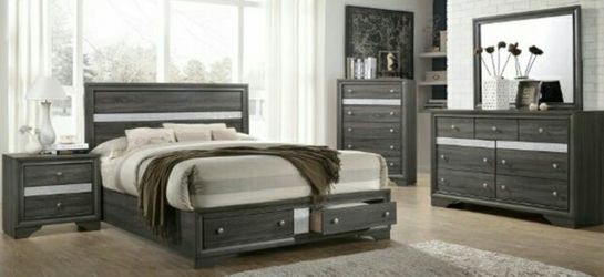 Brand new gray queen storage bed frame + dresser + mirror + nightstand