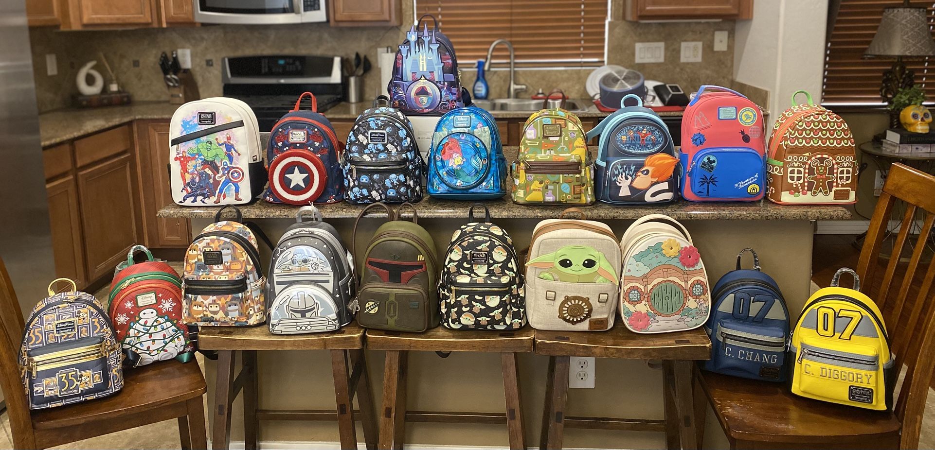 Brand new Disney parks exclusive Loungefly backpacks. $60 each or 4 for $200. Wallets and bags $30. All other items $20. Prices are firm. :) Higley an