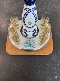 Pewter & Wood Serving Flight Caddy – Agave Inlay Bottle Holder / Shot Stand