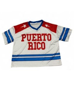 Puerto Rico Jersey White Red Blue V-Neck Athletic Top