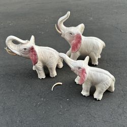 Vintage White Pink Ceramic Elephant Family Figurine with Tusks Set of 3