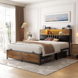 Full Size Bed Frame with LED Light & Power Outlet, Sturdy Metal Platform Bed Frame with Upholstered Headboard and Storage Cabinet, No Box Spring Neede