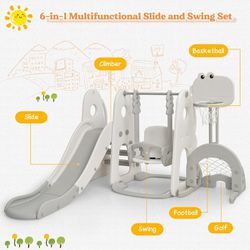 6-in-1 White Toddler Slide and Swing Set 