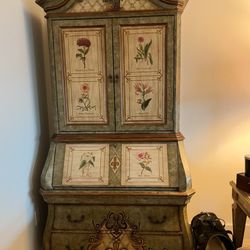 HAND PAINTED SECRETARY DESK, FRONT WITH BOOKCASE HUTCH, DRAWERS