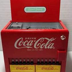 Vintage 1990's coca cola die cast cooler style table top battery operated musical vending machine plays coca cola jingle tune like new