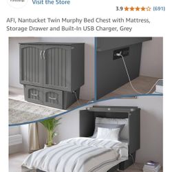 AFI, Nantucket Twin Murphy Bed Chest with Mattress, Storage Drawer and Built-In USB Charger, Grey/Espresso Combination