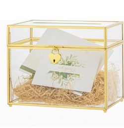 Gold Small 9.8" x 5.6" x 7.7" Glass Wedding Card Box with Slot and Lock, Geometric Card Holder