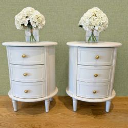 Pair of White Round 3-Drawer Nightstands