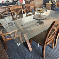 Glass Dining Table with Wood Base