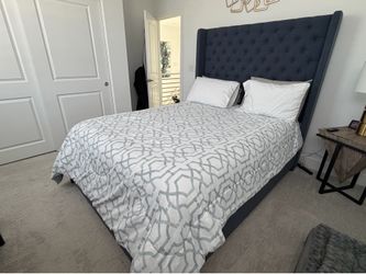 Navy Queen Upholstered Panel Bed