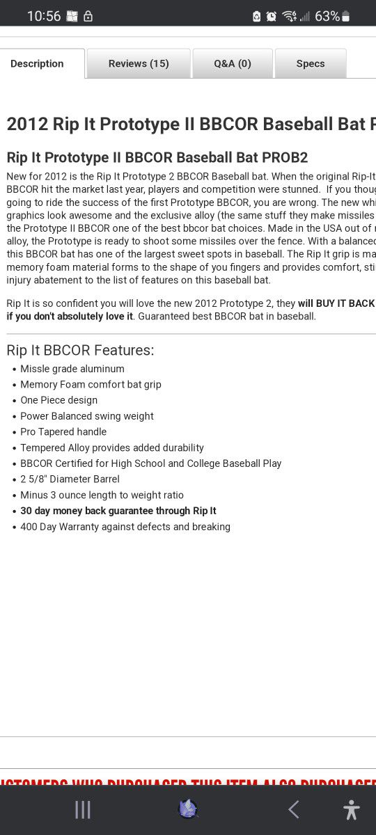 Rip It BBCOR 33.5 X 30.5 Prototype Baseball Bat