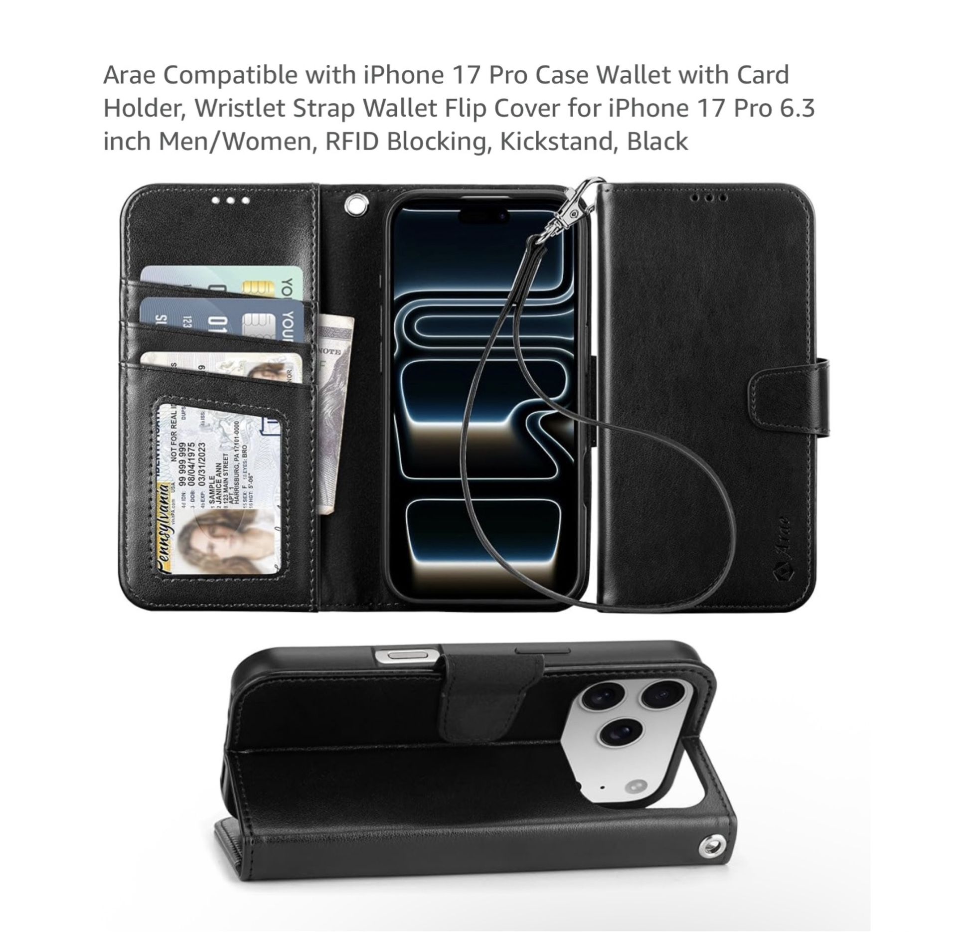 Brand new iPhone 17 Pro Case Wallet with Card Holder, Wristlet Strap Wallet Flip Cover for iPhone 17 Pro 6.3 inch Men/Women, RFID Blocking, Kickstand,