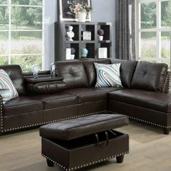 Brand New Brown Leather Sectional With A Drop Down Table Built In Cup Holders & Storage Ottoman 