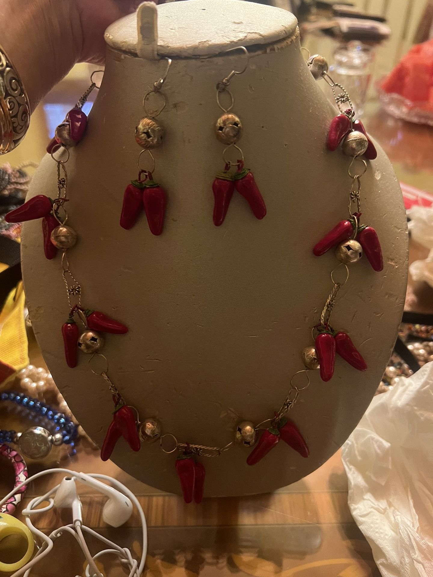 14 Inch Vintage Handmade Mexican Wedding Necklace Silver Filigree Ball Chain w/Peppers And Eating Set