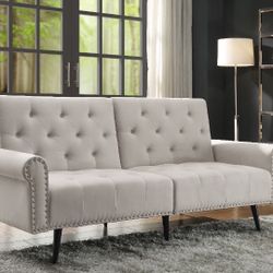 COUCH SOFA VINTAGE CHARM BEIGE FABRIC FUTON SOFA ADJUSTABLE BED COUCH - SILLON