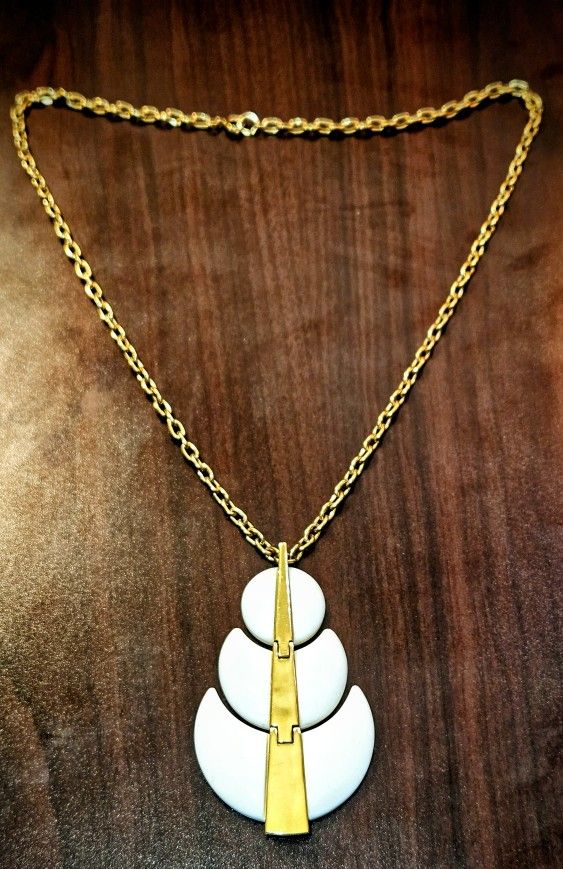 Vintage Signed Crown Trifari White Enamel Tiered Gold Tone Pendant Necklace 1960s