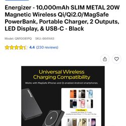 Energizer - 10,000mAh SLIM METAL 20W Magnetic Wireless Qi/Qi2.0/MagSafe PowerBank, Portable Charger, 2 Outputs, LED Display, & USB-C - Black