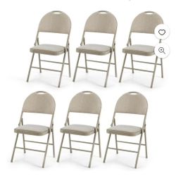  Set of 6 Folding Chairs Fabric Upholstered Padded Seat Metal Frame Home Office Beige