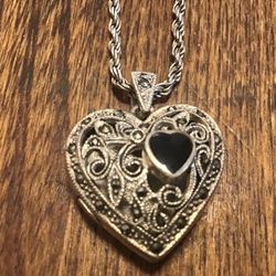 Sterling marcasite onyx heart locket with heavy 17 inch chain