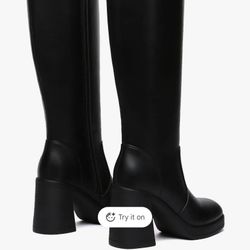 ATHLEFIT WOMEN.s Black Knee High Boots Square Toe Boots Chunky Heel 