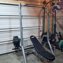 Home Gym  / Squat Rack, Olympic Barbell, Bumper Plates And Free Curl Bar 