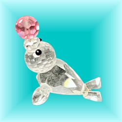 Vintage 1980s Crystal Glass Seal Figurine Clear With Pink Ball, 1.25”