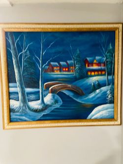 Winter Night Village Oil Painting Framed