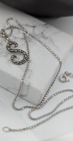 🤍925 Initial Letter S W/ Marcasite Sterling SilverPendant 18” Beaded Necklace~✔️