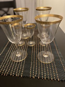 vintage set of4 Tiffan Franciscan optic Minton gold wine glasses and 3 shots glasses