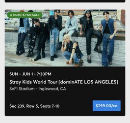 2 Tickets To Stray Kids Concert Tonight! S239 R5 Seats 9 & 10