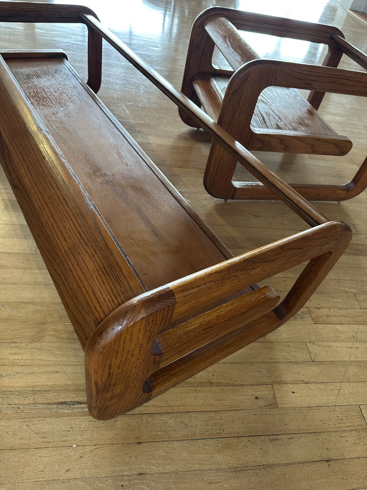 Lou Hughes Style Mid-Century Modern Coffee & End Table Set Oak & Glass