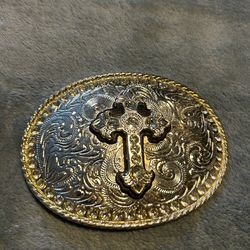 Silver Engraved Flower Filigree Rhinestone Filled Raised Cross Belt Buckle Great new 5”x4”