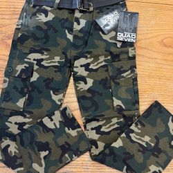 New Quad Seven Boys Camouflage Green & Tan Real Thick Pants & Belt Size 12