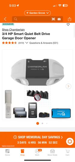 Chamberlain 3/4 HP Smart Quiet Belt Drive Garage Door Opener