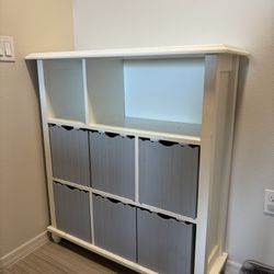 Modern White Storage Cabinet w/ 6 Gray Bins