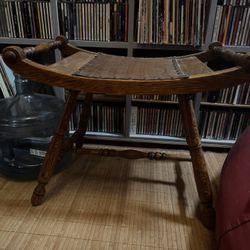 Vintage Wooden Footstool With Woven Loom Seat