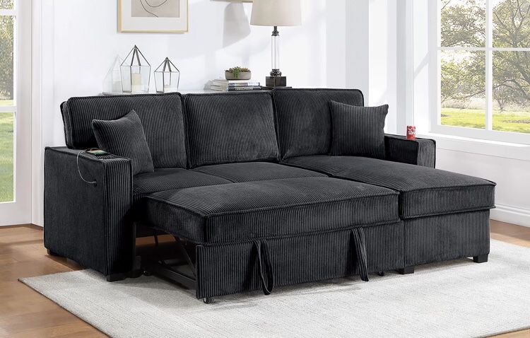 Reversible Black Sectional Sofa Pullout Bed W/ Storage