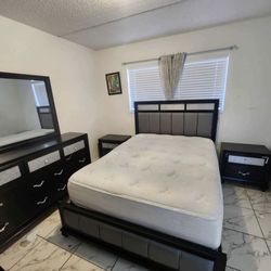 king hardwood bed with grey leather headboard - entire set