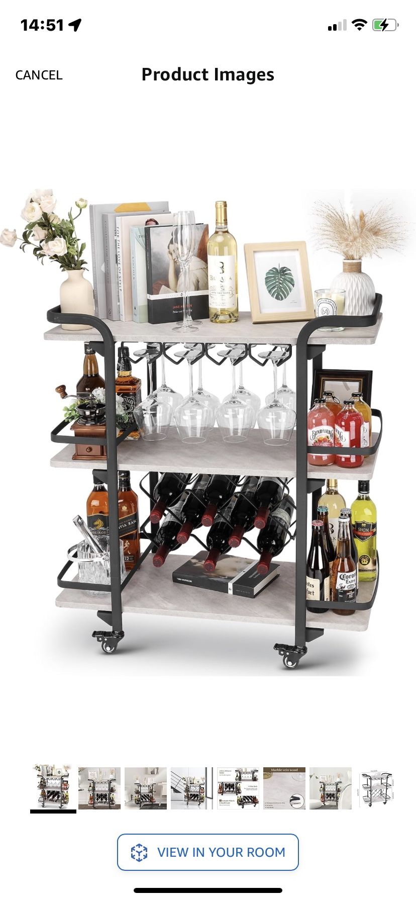 Jubao Bar Cart 3 Shelves with 8 Wine Racks & 4 Rows of Glass Holders, Light Grey Shelves & Double Curved Black Meta
