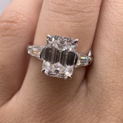 2 Carat Emerald Cut Moissanite Diamond With Tapered Baguettes Three Stone Engagement Ring 