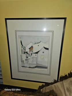 Framed Watercolor Print Asian Village Scene