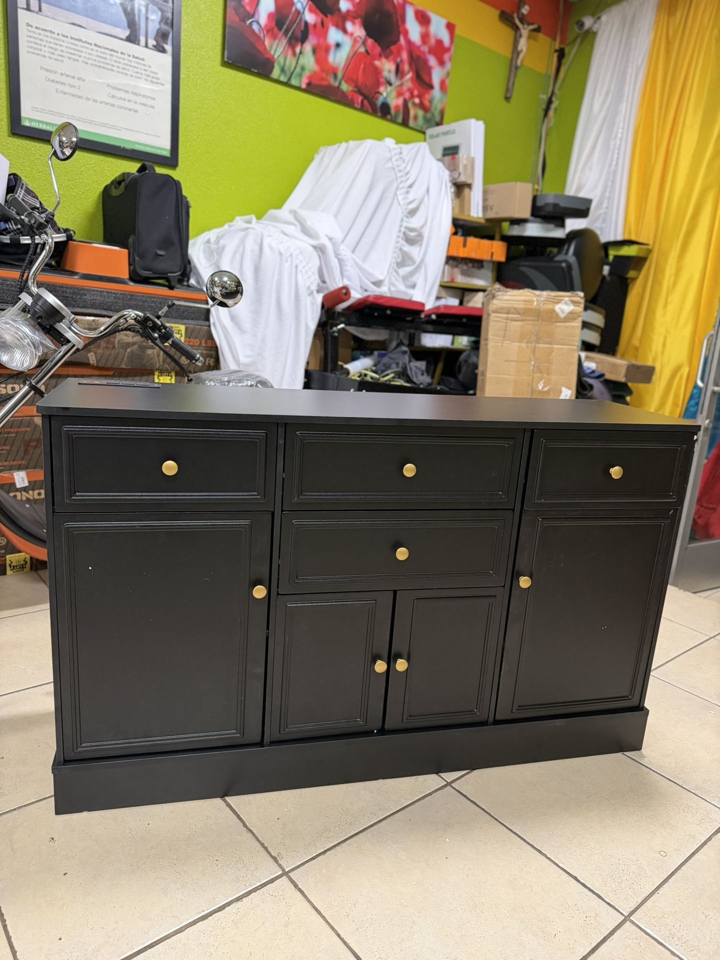 55.1"W Sideboard Cabinet with Storage Drawers & Doors, Black Kitchen Sideboard with Power Outlets, Large Wood Coffee Bar Buffet Table for Kitchen, Din