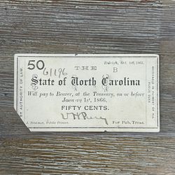 fifty-cent note issued by the State of North Carolina Confederate Fractional Currency 1861 Civil War 