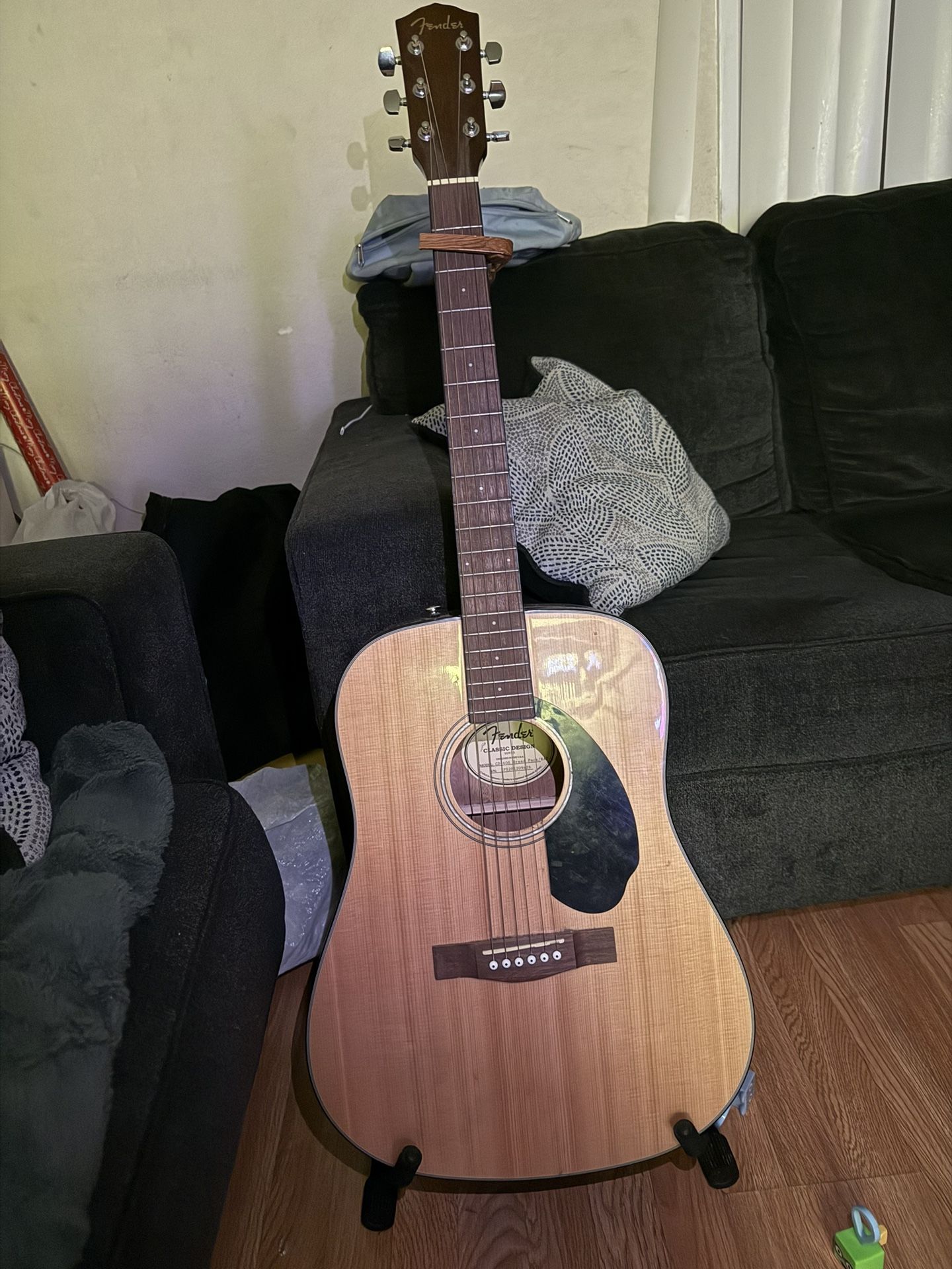 Fender Guitar With Capo, Guitar Stand, And Gig Bag