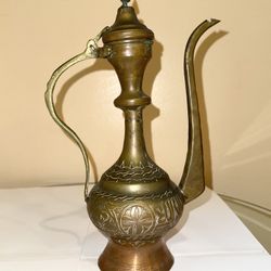 Vintage Handmade Middle Eastern Brass Dallah Coffee Pot – Engraved Arabic Coffee Server